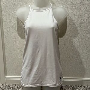 Better Bodies - White Performance Halter Tank w/ Black Lettering